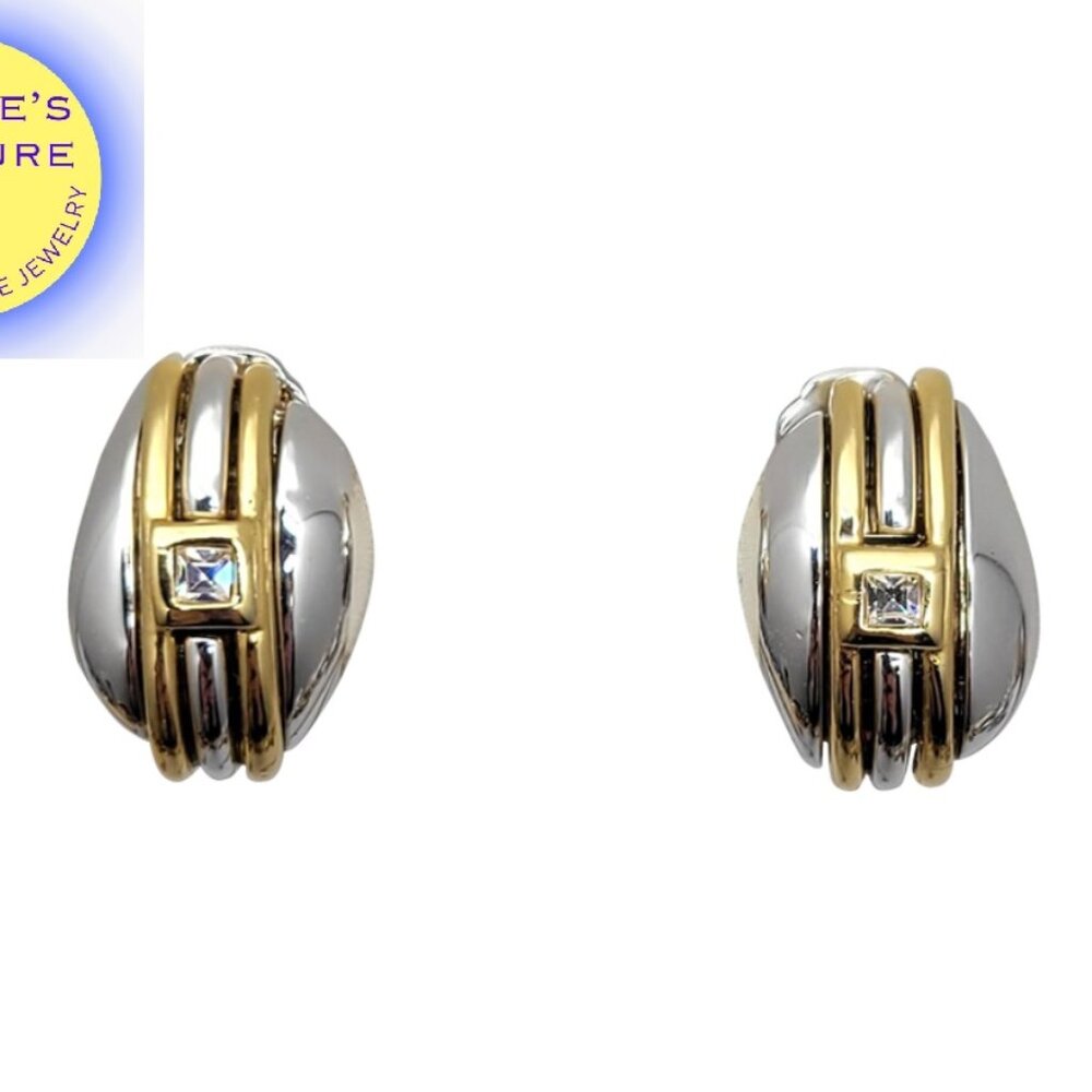 Vintage 1980s Signed Courreges Paris Modernist Rhinestone Clip Earrings